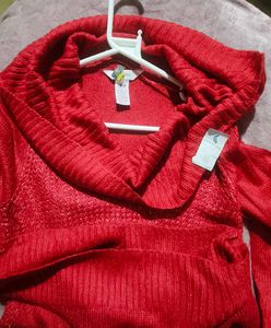 China Red Cowl Neck Sparkly Sweater