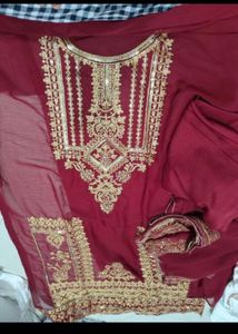Maroon &amp; Gold Embroidered Salwar Kameez