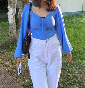 Blue Padded Puff Sleeve Top