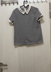 Blue &amp; White Striped Vero Moda Korean-Style Collar