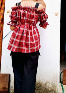 Red Plaid Off-Shoulder Top