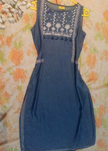 ATEESA Blue-White Embroidered Kurti,Size - S
