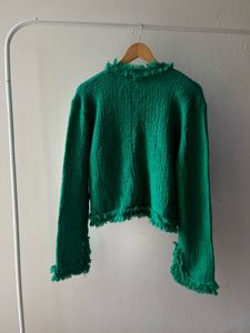 SOLID V-NECK FRINGE BUTTON UP OVERSIZED CARDIGAN