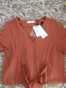 Mango Terracotta Tie-Front Blouse - Size S