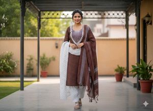 Brown Embroidered Kurta Set Totally New
