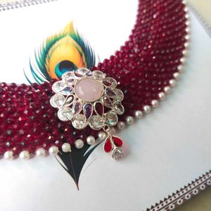 925 Silver Rajputi Chatai Haar in Ruby colour Bead