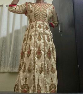 Beige Pink Ethnic Gown Set Leggings Dupatta