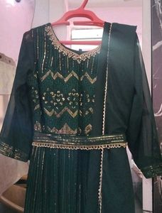 Bottle Green Pure Chikankari Chiffon Gown