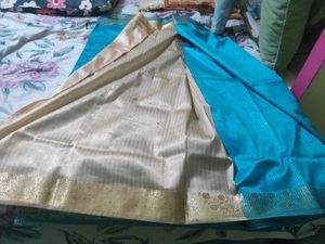 Teal Blue Saree with Gold Border