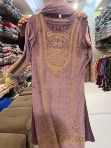 Mauve Velvet Kurta Set Patchwork Design