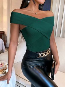 SHEIN Ribbed Knit Bardot Crossover Top