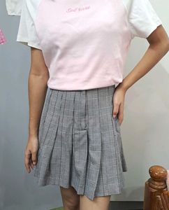 Pleated Plaid Mini Skirt And T- Shirt