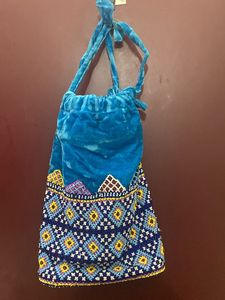 Blue Velvet Bead Embroidered Potli Bag
