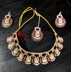 Ad Kundan Maroon Color Silver Necklace Set