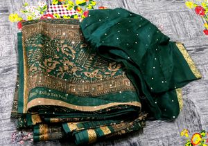 Bottle Green Saree With Blouse🍀