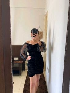 Ruched Black Velvet Mini Dress