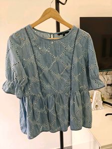Veromoda Cotton Denim Cutwork Peplum Top