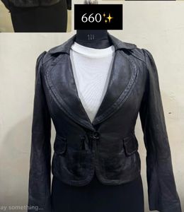 Y2k Fitted Cropped Black Leather Jacket Blazer