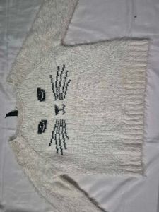 Fuzzy Cat Face Knit Sweater – Cream White