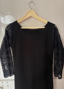 Lace Sleeve Black Midi Dress