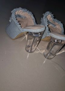 Denim Glass Heels. On Sale