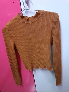 Ribbed Ruffle Trim Long Sleeve Top