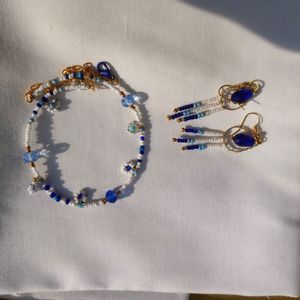Necklace And Earring Combo Blue White Beaded