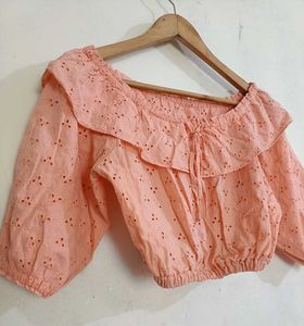 Peach Eyelet Off-the-Shoulder Crop Top