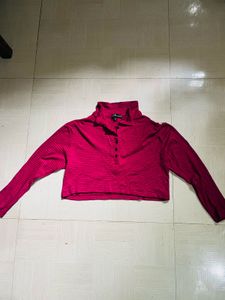 Trendy Cropped Magenta Long-Sleeve Polo Top
