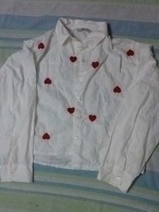 Heart Patterned Crop White Shirt