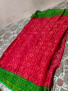 Pink &amp; Green Design Saree With Out Blouse