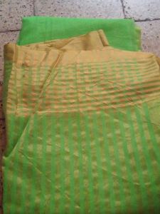 Green & Gold Striped Saree Fabric