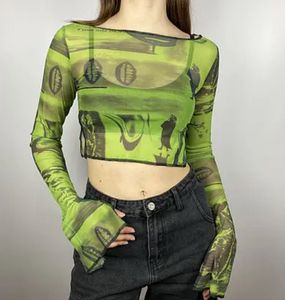 Green Graphic Print Long Sleeve Top