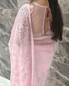 Elegant Pink Lace Saree+ blouse+ peticot
