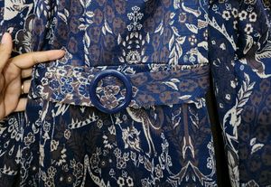Navy Blue Belted Puff Sleeve Jacquard Dress