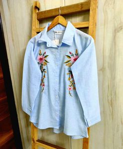 Sky Blue Embroidery Work Cotton Shirt Size-36
