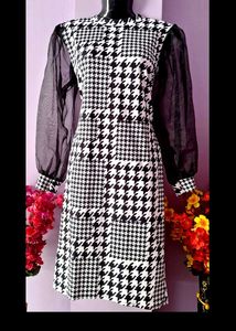 Houndstooth Dress with Sheer Sleeves