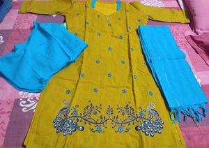 Sky Blue And Lime Green Cotton Kurta Set