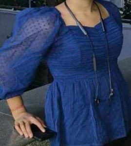 Blue Swiss Dot Puff Sleeve Top
