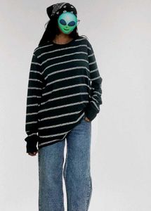 Unisex Long Sleeve Striped Crewneck  Navy Green