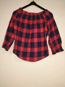 Off Shoulder Red &amp; Navy Plaid Top