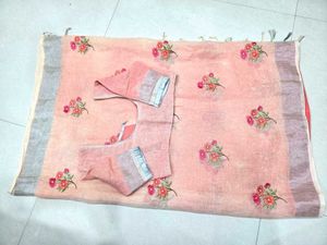 Peach Linen Saree with Floral Embroidery