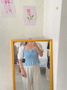 Blue Smocked Off-Shoulder Top