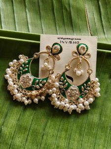 Green & Pearl Chandbali Earrings