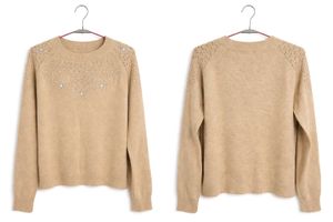 Women Beige Embellished Knit Sweater – Size L
