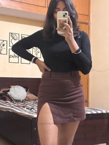 Chic Brown Mini Slit Skirt with inbuilt shorts
