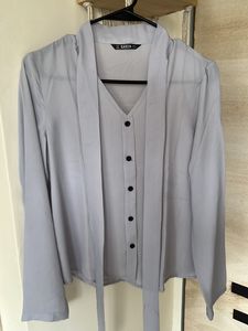 Formal Top With Tie Up Neck Line Detailing In Grey Color And Full Sleeves