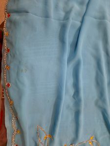 Blue Saree With Work Design