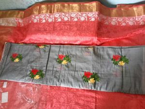 Grey With Red Floral Design ChanderiCotton Saree