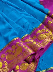 Blue And Pink Pure Crepe Silk Saree